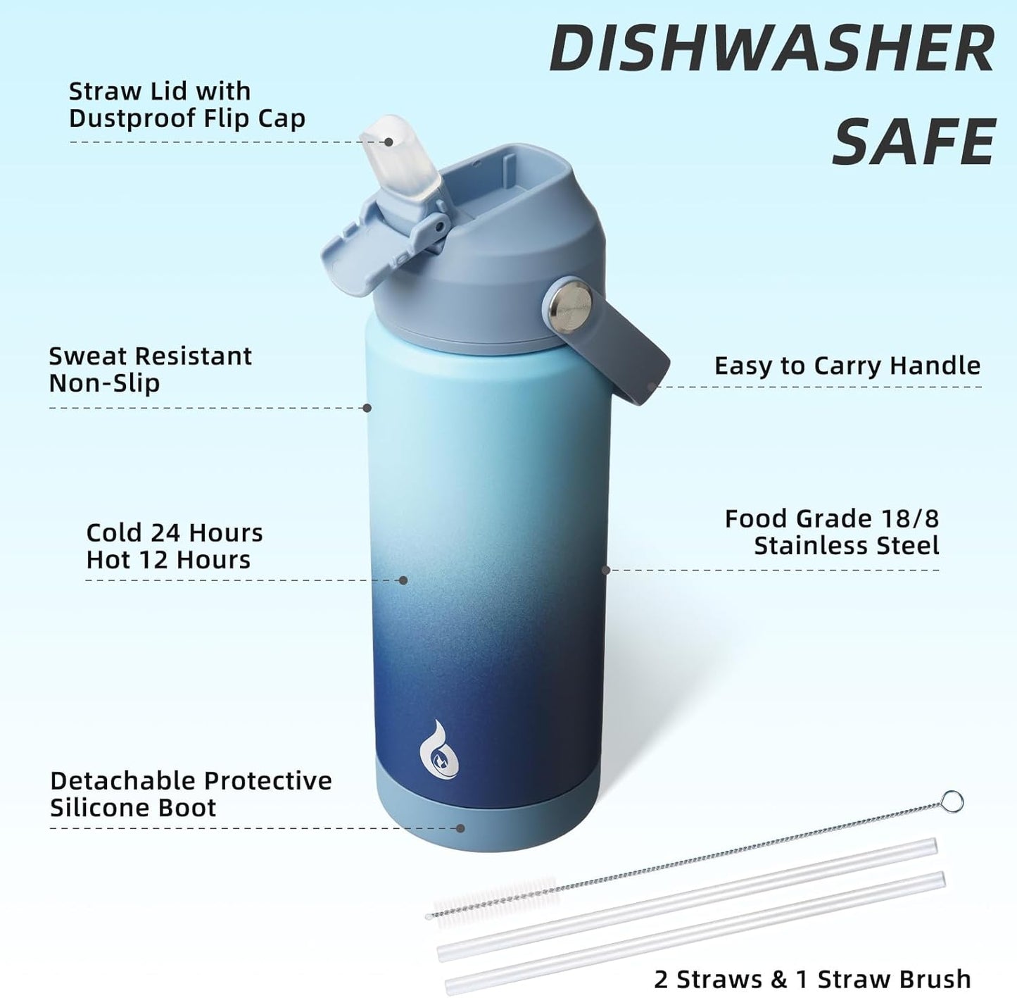 BJPKPK Insulated Water Bottle with Straw Lid, 18oz Thermo Water Bottles with Soft Nozzle, Flex Handle & Non-slip Boot, BPA Free Leak Proof Stainless Steel Metal Thermo, Tumblers, Cups,Sea Salt