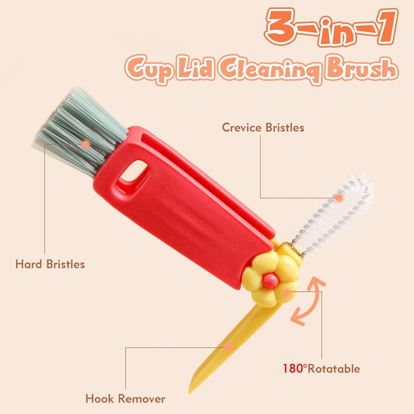 3-in-1 Cup Lid Cleaning Brush–Multi-Functional Bottle & Straw Cleaner with Scraper, Crevice & Angled Brush – Deep Clean Coffee Mugs, Water Bottles, Tumblers & More – Durable, Heat-Resistant PP