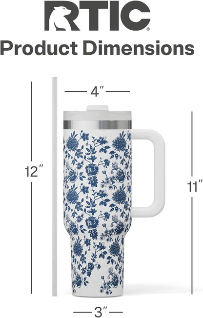 RTIC 30 oz Road Trip Tumbler Double-Walled Ceramic Lined InsulatedStainless Steel Portable Travel Coffee Mug Cup with Lid, Handle and Straw, Periwinkle Bouquet