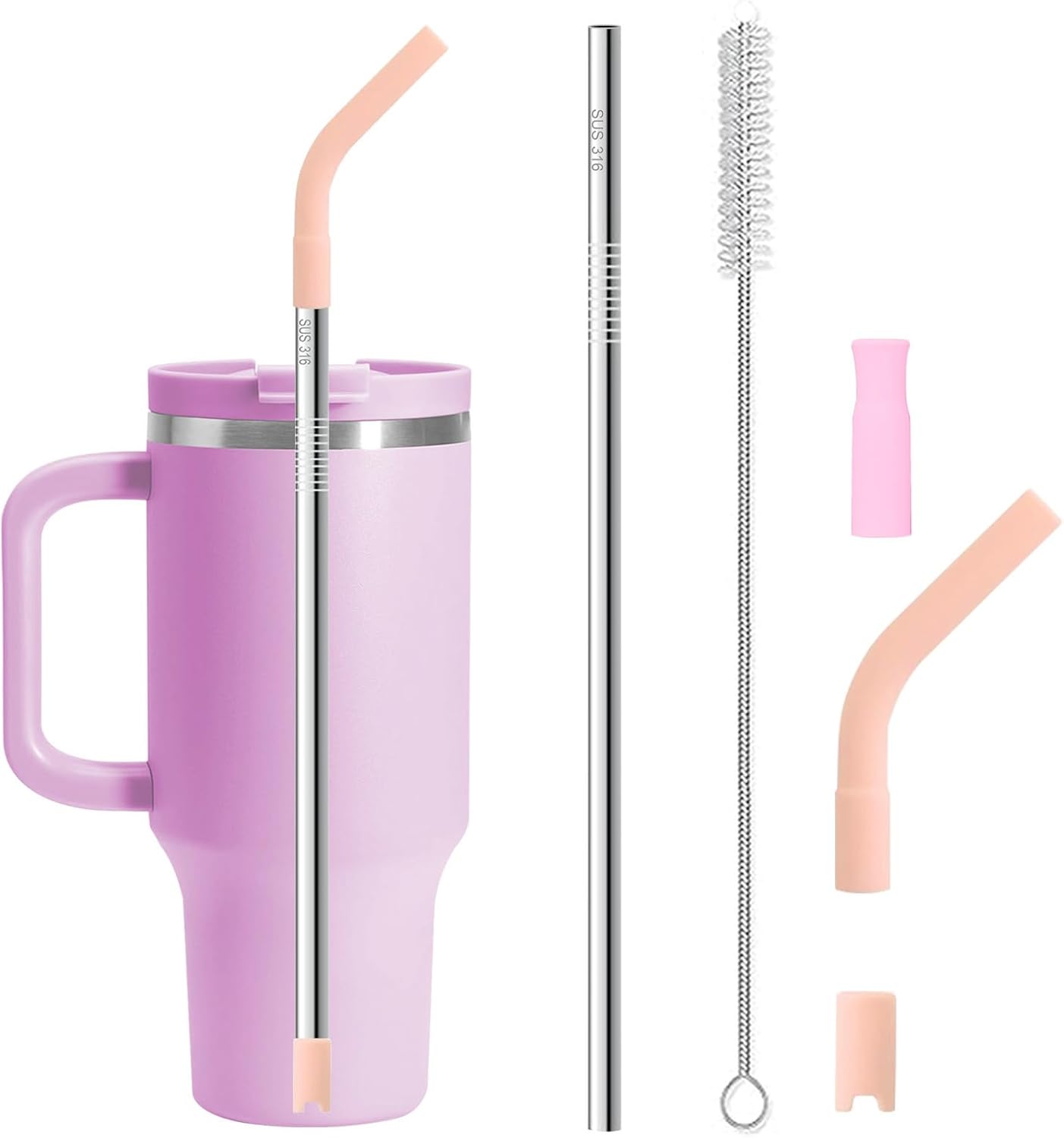 Reusable Stainless Steel Straws Set 6 PCS with 6 Silicone Tips, 2 Straw Brush, 1 Storage Case, Different Sizes of Metal Straws Reusable, Suitable for 14, 20, 30 oz Cups Tumbler, for Hot/Cold Drinks