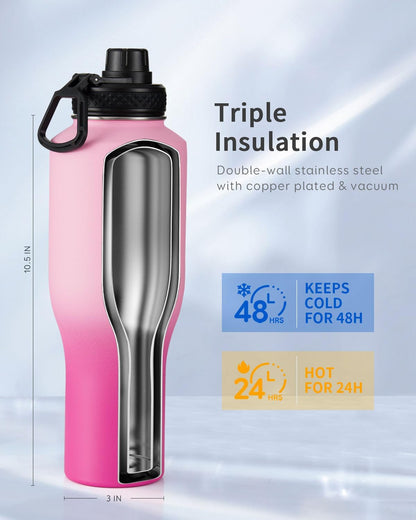 Trebo 40 oz Water Bottle Insulated Fit Car Cup Holder with Handle, Stainless Steel Water Bottles Tumbler with Spout Straw Lids, Double Wall Travel Reusable Flask, Leakproof Mug,Keep Cold &Hot,Black