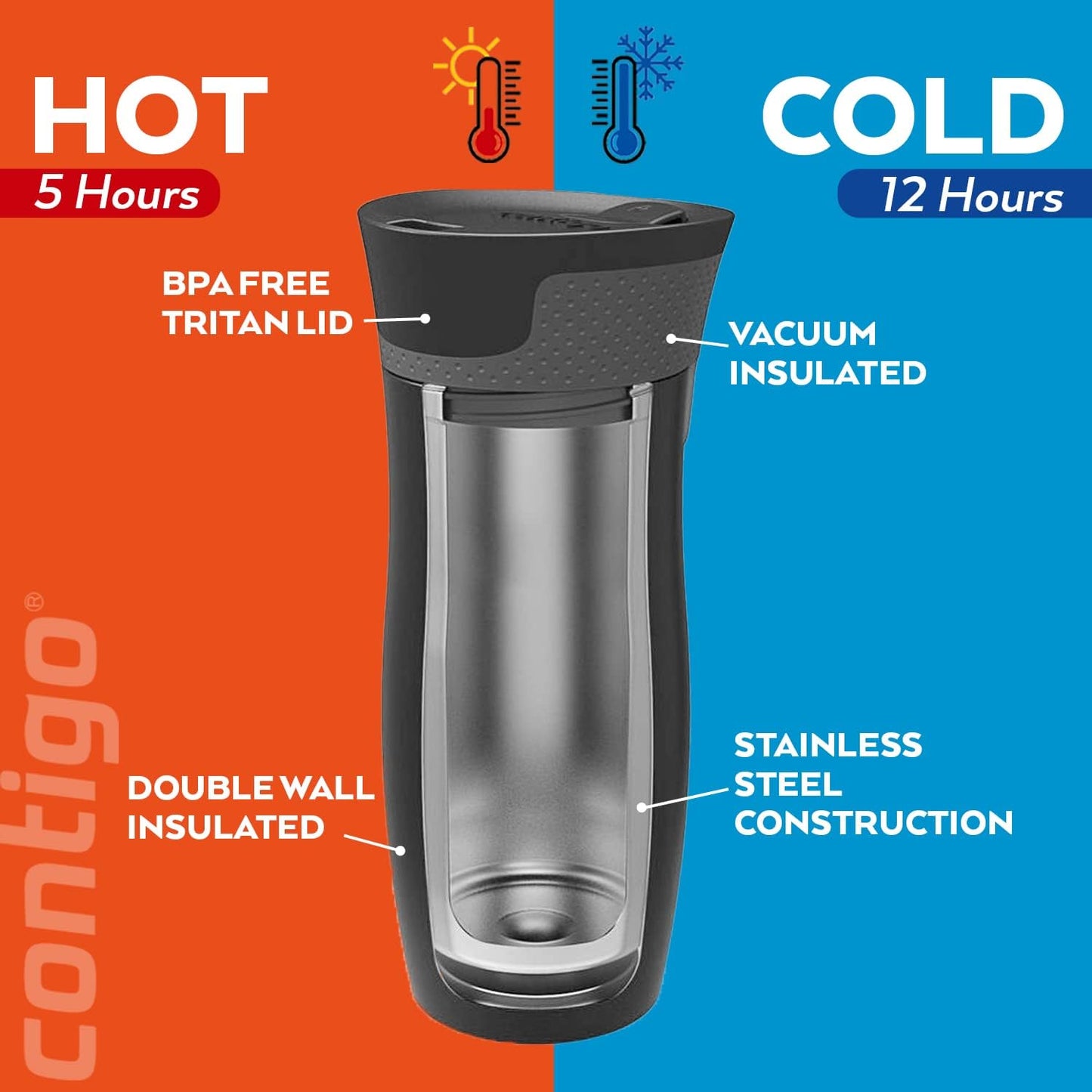 Contigo West Loop Autoseal Travel Mug, Stainless Steel Thermal Mug, Vacuum Flask, Leakproof Tumbler, Coffee Mug with BPA-Free Easy-Clean Lid