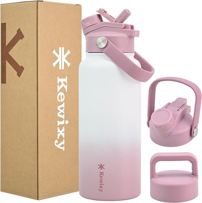 KEWIXY 32 oz Insulated Water Bottle, 2-in-1 Lid, Straw & Spout with Protected, Leak Proof, Keep Cold, Stainless Steel, Metal, Reusable, Handle, for Outdoor, Gym and School, 2 Lids, Blush Pink