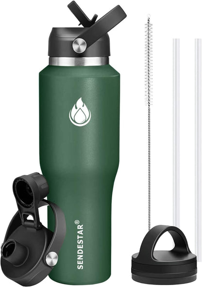 SENDESTAR 40oz Water Bottle Wide Mouth Stainless Steel Vacuum Insulated Double Wall with Straw Lids Fit in Any Car Cup Holder