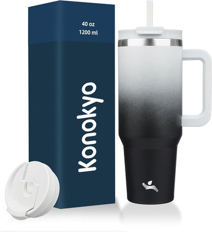 Konokyo 30 oz Tumbler with Handle and 2 Straws,2 in 1 Lid Insulated Water Bottle Stainless Steel Travel Coffee Mug,Sky
