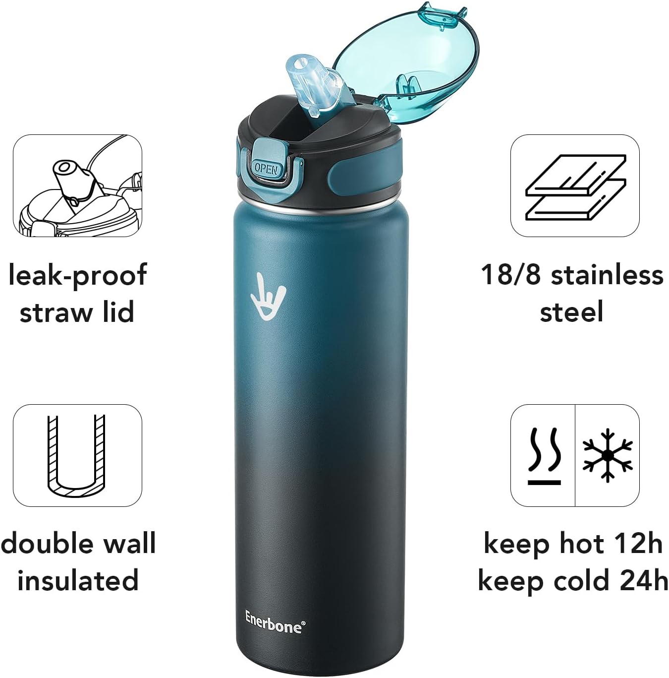 Enerbone 24 oz Insulated Water Bottle, Stainless Steel Bottle with Carrying Strap, Double-Wall Vacuum Insulation Design, Leakproof Sports Bottle with Straw, Keep Drinks Cold or Hot for Hours