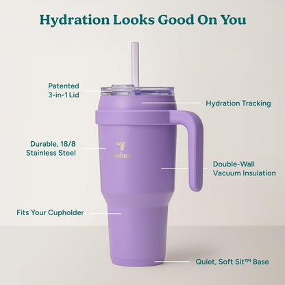 REDUCE 24 oz Stainless Steel Tumbler with Handle - Dual-Wall Vacuum Insulated Travel Mug, Sweat-Proof Lid & Reusable Straw - Keeps Drinks Cold for 24 Hrs, Fits Cupholders, Dishwasher Safe - Lilac Bud