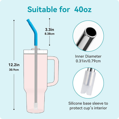 40 oz Straight Metal Straws for 40 oz Stanley Tumbler, 6 Pcs Stainless Steel Reusable Drinking Metal Straw with Colourful Silicone Tips,Straw for Glass Cups, BPA FREE
