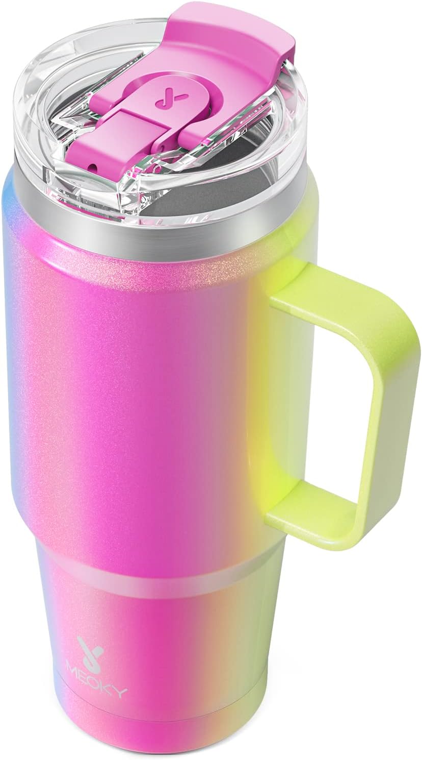 Meoky 32oz Tumbler with Handle, Stainless Steel Travel Mug with 2-in-1 Straw and Sip Lid, Vacuum Insulated Coffee Mug, 100% Leak Proof, Keeps Cold for 24 Hours or Hot for 8 Hours (Sky)