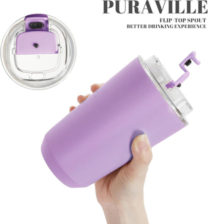 Puraville Insulated Tumblers with Lid, 14 oz Travel Coffee Mug Stainless Steel Vacuum Cup, Leak Proof Reusable Double Walled Coffee Tumbler for Iced and Hot Drinks, Cream