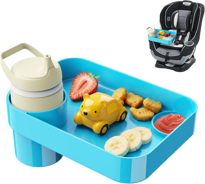 Car Seat Snack Tray for Toddlers - 3 Inch Cup Holder Fits Most Sippy Cups & Straw Bottles with Dip Well, Mess-Free Square Kids Travel Tray Road Trip Essentials, Black