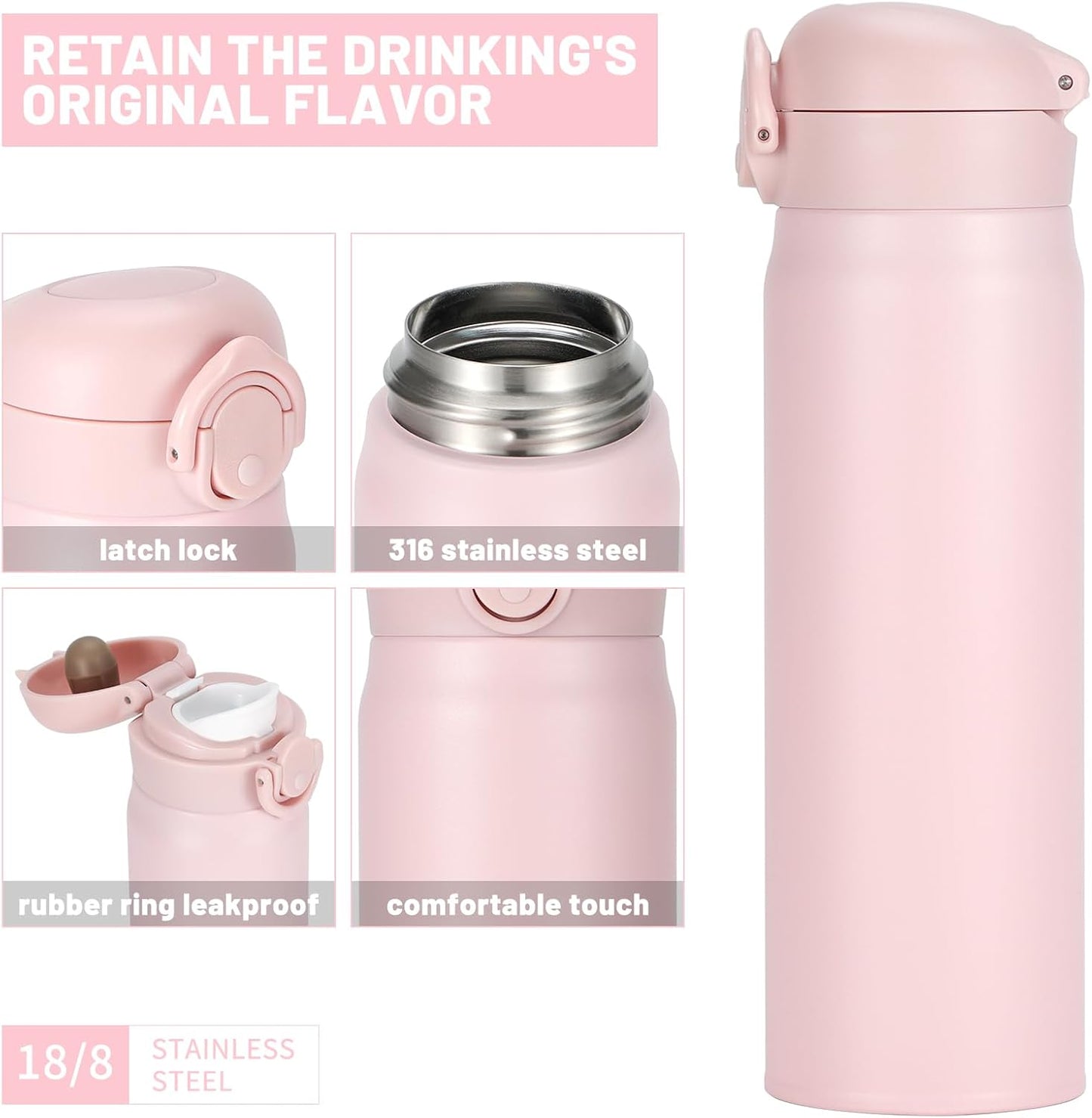 17 oz / 500 ml Insulated Water Bottle, Stainless Steel Thermo Coffee Travel Mug, Thermal Cup with Snap Flip Lid, BPA Free for Hot and Cold Drinking, Black
