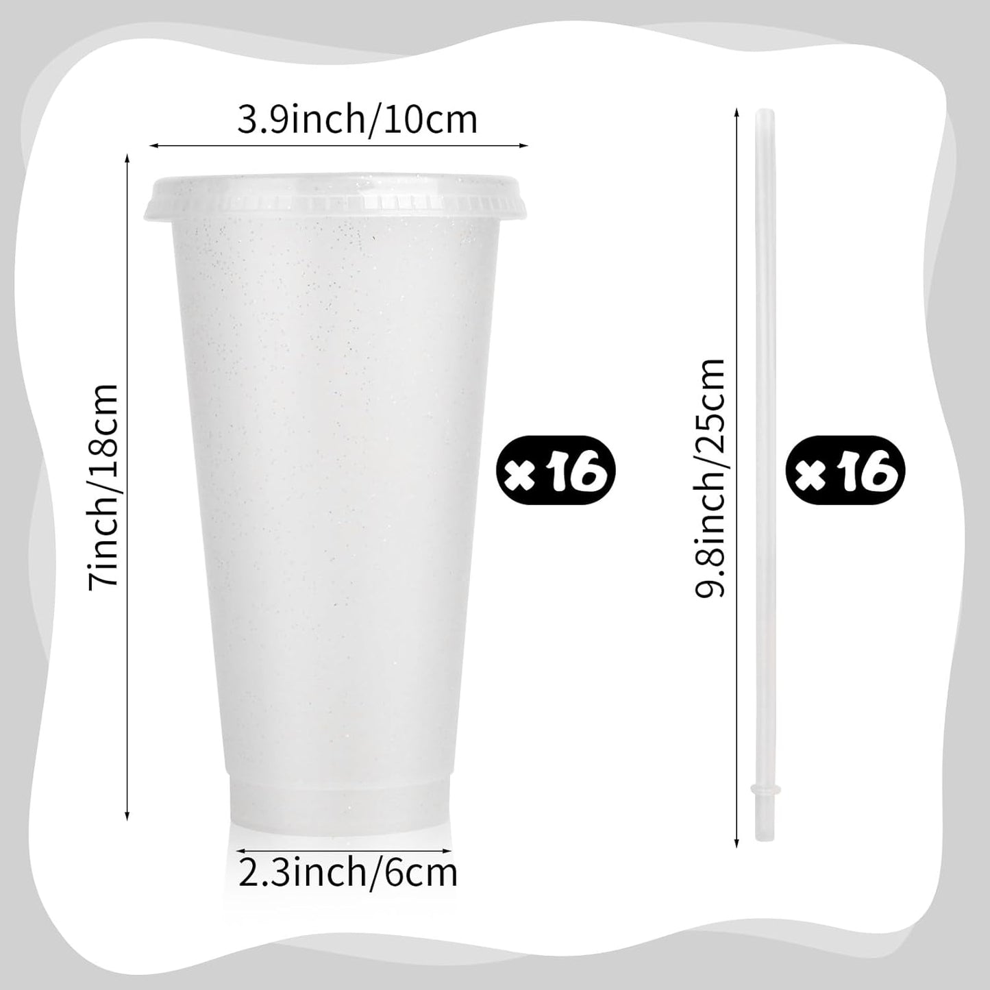 Hxezoc 16-Piece Reusable Cups with Lids and Straws, 24 oz Glitter Plastic Tumbler Iced Coffee Cups Travel Mug Cup for Smoothie Juices Beach or Bachelor Party (Black)