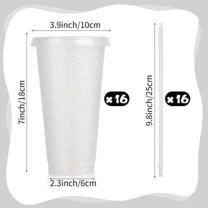 Hxezoc 16-Piece Reusable Cups with Lids and Straws, 24 oz Glitter Plastic Tumbler Iced Coffee Cups Travel Mug Cup for Smoothie Juices Beach or Bachelor Party (Black)