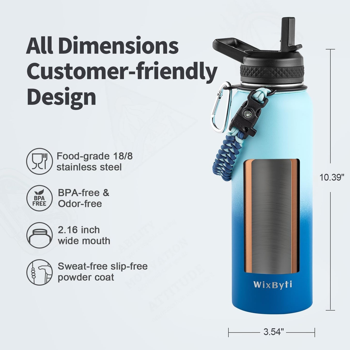 WixByti 40 oz Insulated Water Bottle with Straw (Cold for 36 Hrs), Stainless Steel Triple Wall Vacuum Sports Water Jug, Leakproof Hydro Cup Flask with Paracord Handle & Straw Spout Lids & DIY Stickers