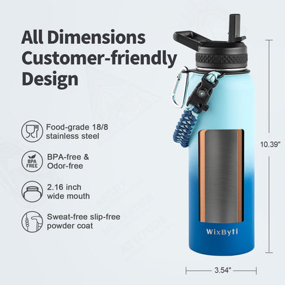 WixByti 40 oz Insulated Water Bottle with Straw (Cold for 36 Hrs), Stainless Steel Triple Wall Vacuum Sports Water Jug, Leakproof Hydro Cup Flask with Paracord Handle & Straw Spout Lids & DIY Stickers
