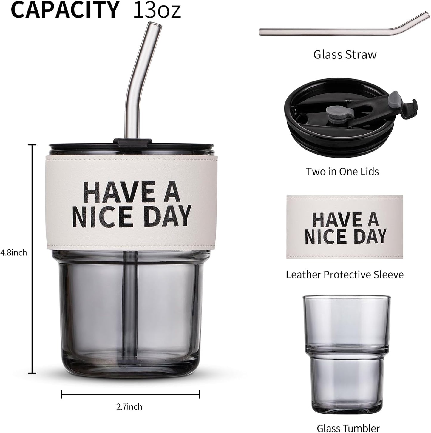 BLUEPOLAR 13oz/400ml Glass Water Tumbler with Straw and Lid Sealed Carry On Thick Wall Iced Coffee Cup Glass Cup for Water, Iced Tea Fruit Juice Etc (White-2Pack)