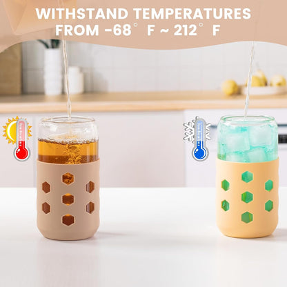 Mrsdry Glass Cups with Lids and Straws (4 Pcs), 16oz Drinking Glasses Set with Silicone Sleeves for Coffee Bar Accessories Iced Coffee Cups with Lids, Glass Tumbler Reusable for Gifts