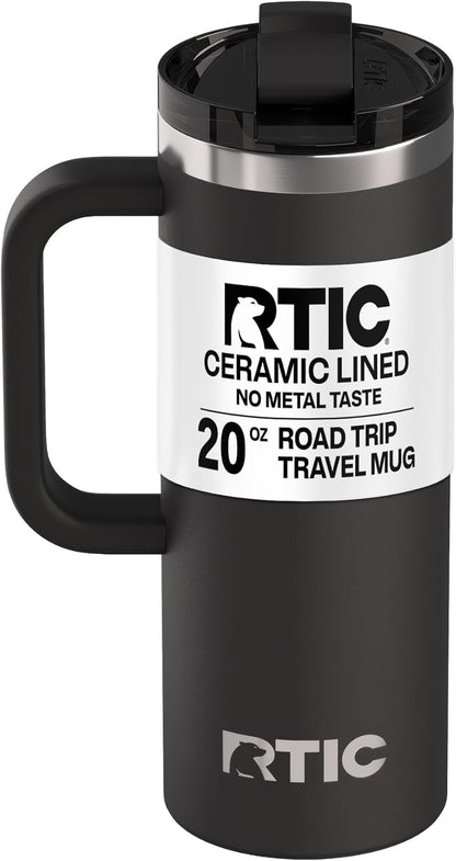 RTIC 20oz Road Trip Travel Mug with Lid and Handle, Ceramic Lined, Insulated, Stainless Steel, Metal, Double Wall Vacuum-Insulation, Portable Coffee, Tea Cup for Hot and Cold Drink, Black