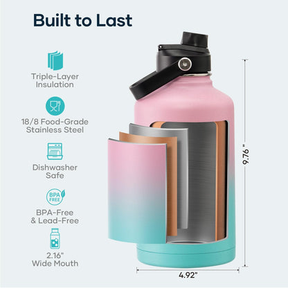 BUZIO 40oz Insulated Water Bottle, Triple Wall Vacuum Stainless Steel Water Flask with 2 lids, Lead-Free BPA-Free Straw Lid Sports Canteen Jug, Cold 48H & Hot 24H- Black - Colors B