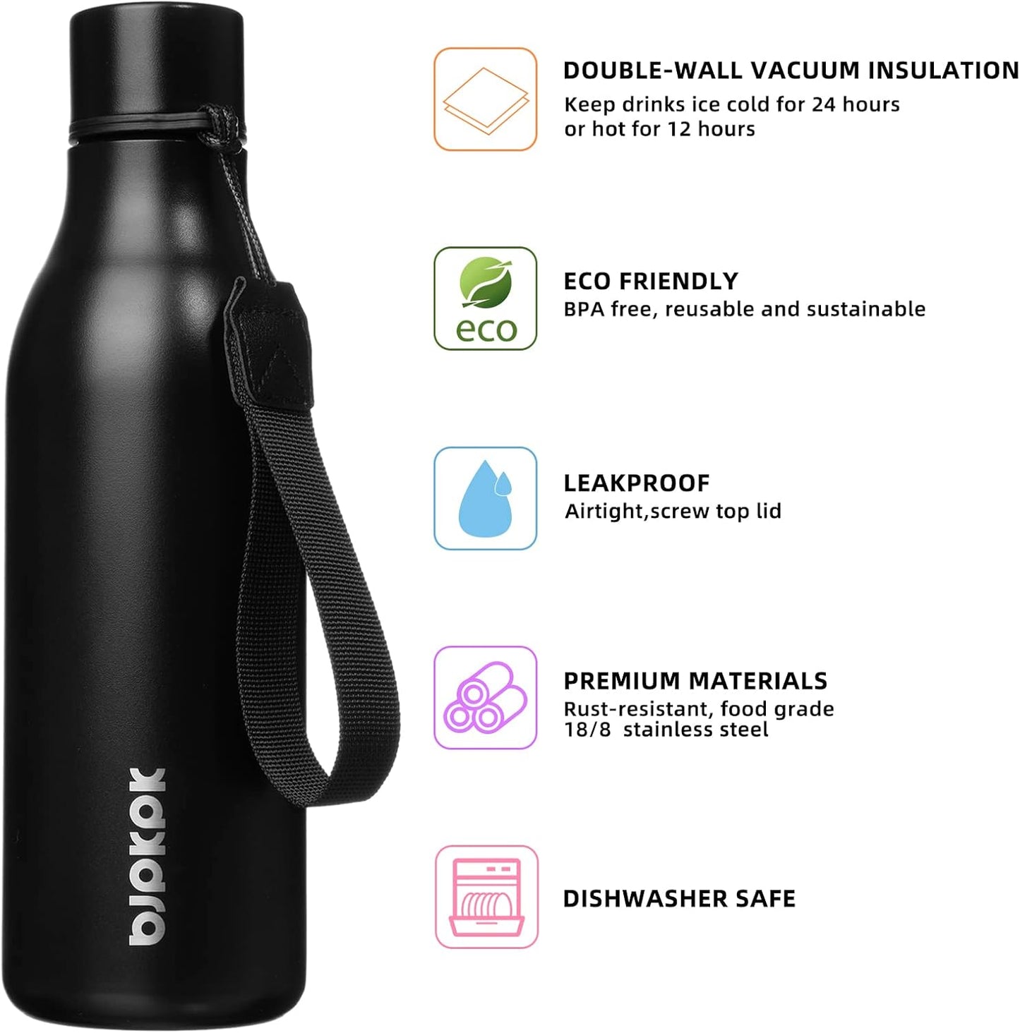 BJPKPK Insulated Water Bottles, 18 oz Stainless Steel Metal Water Bottle with Strap, BPA Free Leak Proof Jugs, Mugs, Flasks, Reusable Thermal Flasks for Sports & Travel, Black - Colors B