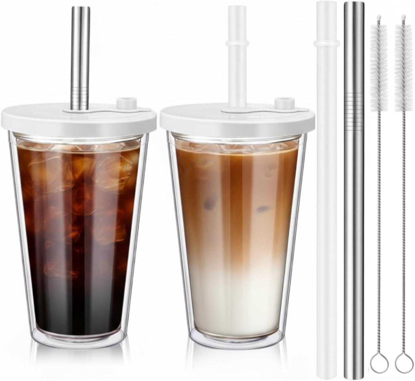 Honeydak 4 Pack 24 oz Reusable Iced Coffee Cups with Lids and Straws Leakproof Double Wall Insulated Clear Plastic Iced Coffee Tumblers with Straw Brushes