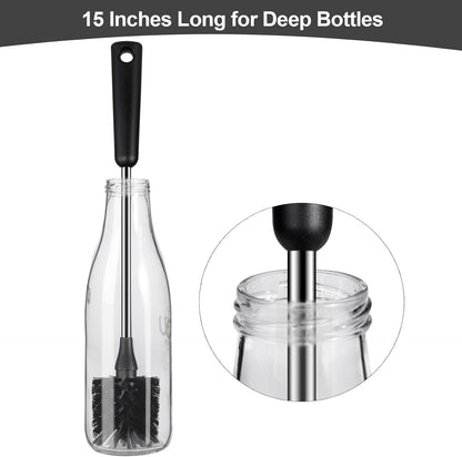 Water Bottle Brush, 15 Inches Long Stainless Steel Handle Bottle Brush Cleaner, Bottle Scrubber, Kitchen Scrub Cleaning Brushes for Cup, Wine Glasses, Coffee Mugs, Tumblers, Wine Decanters, Black