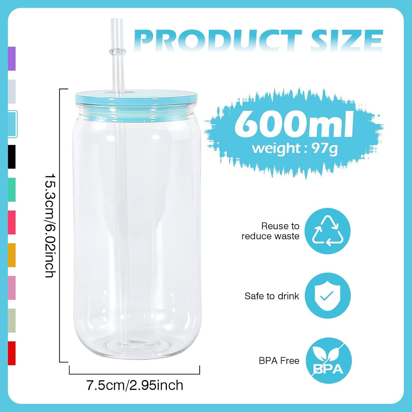 16oz Plastic Mason Jars, 6Pack Clear Mason Drinking Acrylic Cups with Lids and Stainless Steel Straws Iced Coffee Cups Shatterproof Unbreakable Tumblers for Smoothies, Beer, Coffee, Milk Tea, Colored