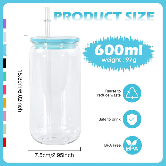16oz Plastic Mason Jars, 6Pack Clear Mason Drinking Acrylic Cups with Lids and Stainless Steel Straws Iced Coffee Cups Shatterproof Unbreakable Tumblers for Smoothies, Beer, Coffee, Milk Tea, Colored