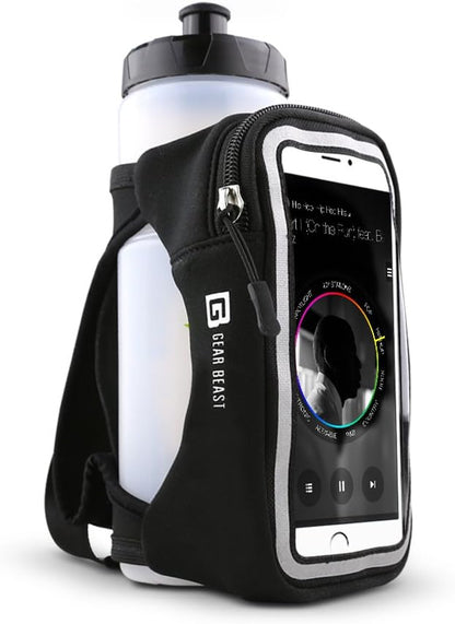 Gear Beast Running Water Bottle - 23 oz Reusable, Portable Water Bottle for Running, Walking, Hiking, Gym and Travel w/Zippered Phone Holder