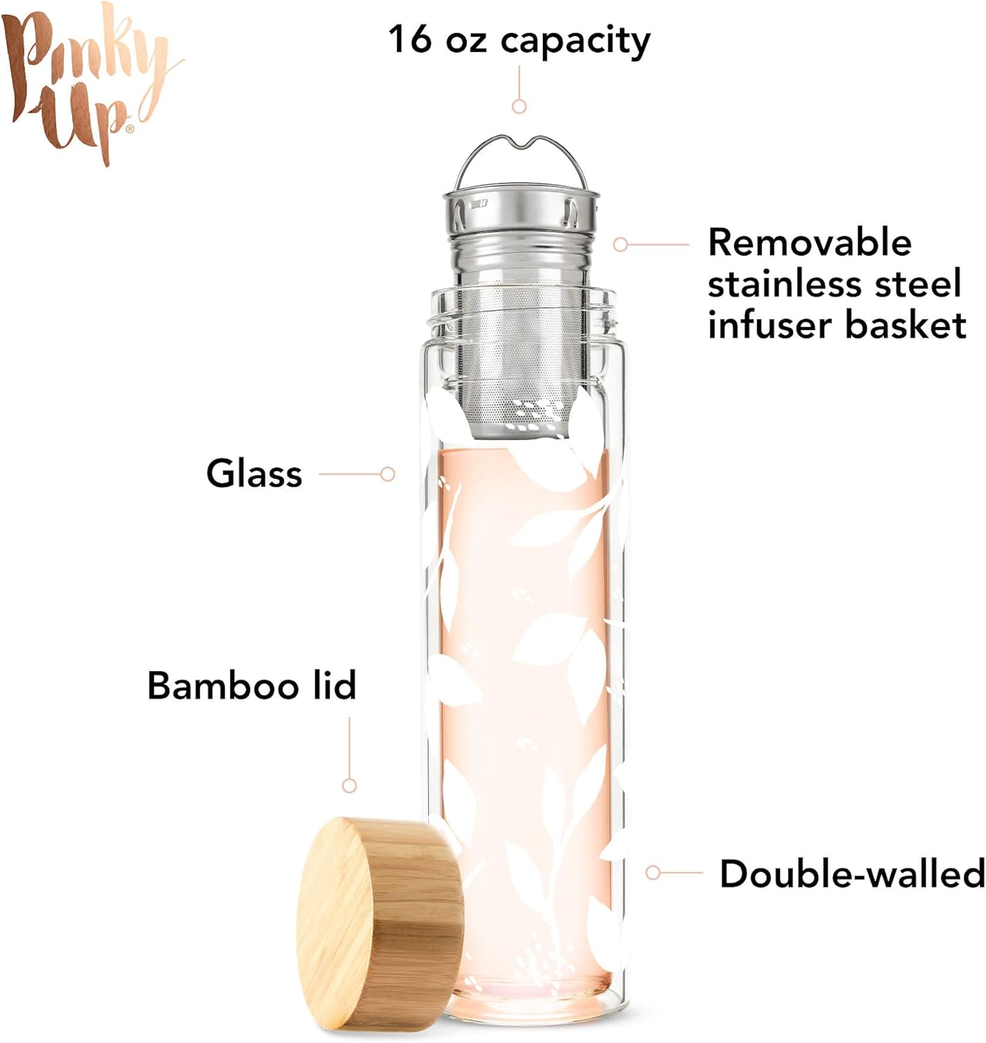 Pinky Up Blair Travel Tea Infuser Mug, Double Walled Insulated Travel Tumbler with Loose Leaf Tea Strainer, Travel Coffee Mug, Keeps Drinks Hot or Cold, 16 oz, White Leaf
