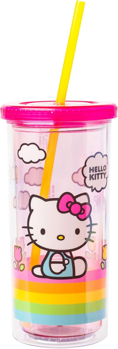 Silver Buffalo Sanrio Hello Kitty Milk Carton Pattern Plastic Boba Tumbler w Lid and Wide Straw, 24 Ounces