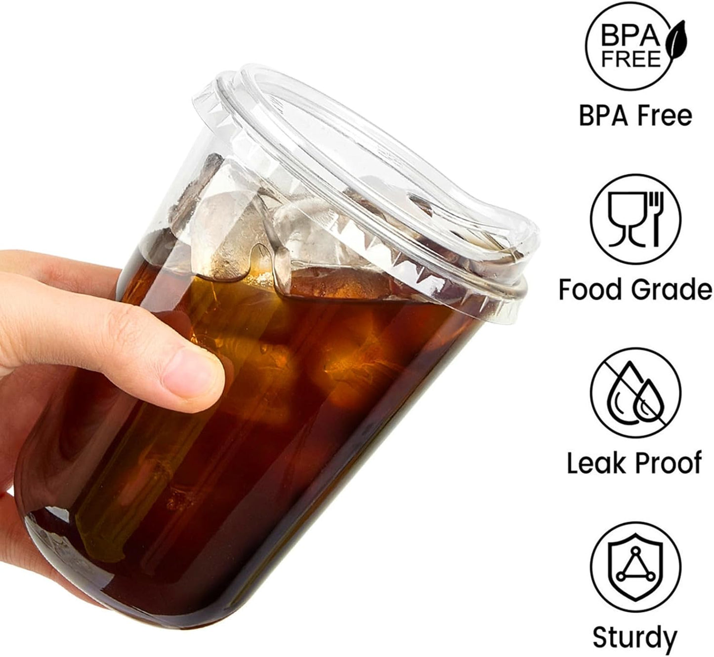Round Bottom Clear Plastic Cups with Sip Lids, 50 Sets, 16 Oz Disposable Iced Coffee Cups with Strawless Lids To Go Cold Drink Cups for Smoothies, Juices, Party Catering