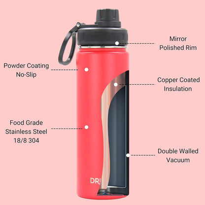 Drinco Stainless Steel Water Bottle Spout Lid Vacuum Insulated Double Wall Water Bottle Wide Mouth (40oz 32oz 22oz 18oz 14oz) Leak Proof Keep Cold Sport Camping Hiking (22 oz, 22oz Black)