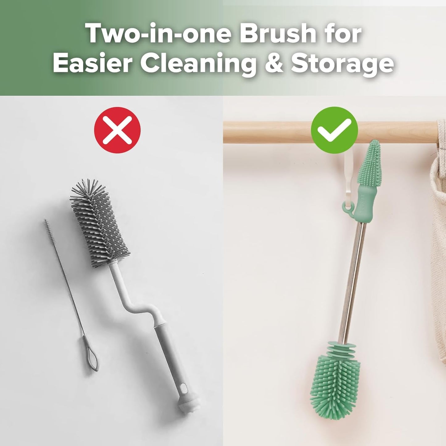Haakaa Silicone Cleaning Brush for Baby Bottles and Crevices, Double-Ended Bottle Brush for Breast Pumps, Milk Collectors, Nipples and Breastmilk Storage Bags, Food-Grade Silicone, Pea Green, 1 Pack
