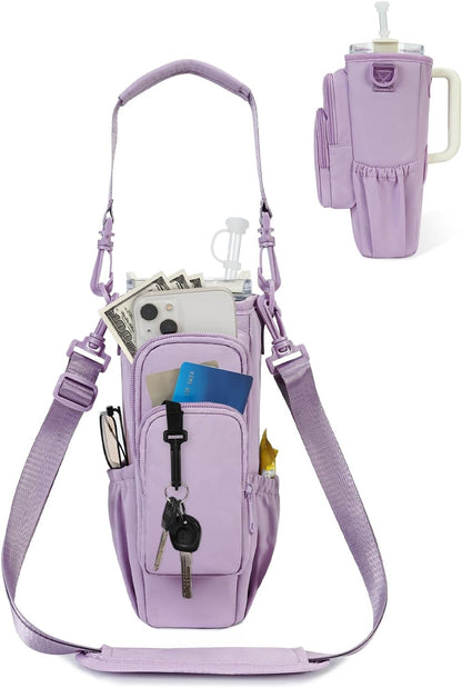 sportsnew Water Bottle Carrier Bag with Phone Pocket for 30oz 40oz Tumbler with Handle Accessories Insulated Water Bottle Holder Pouch with Strap Crossbody with Straw Cover
