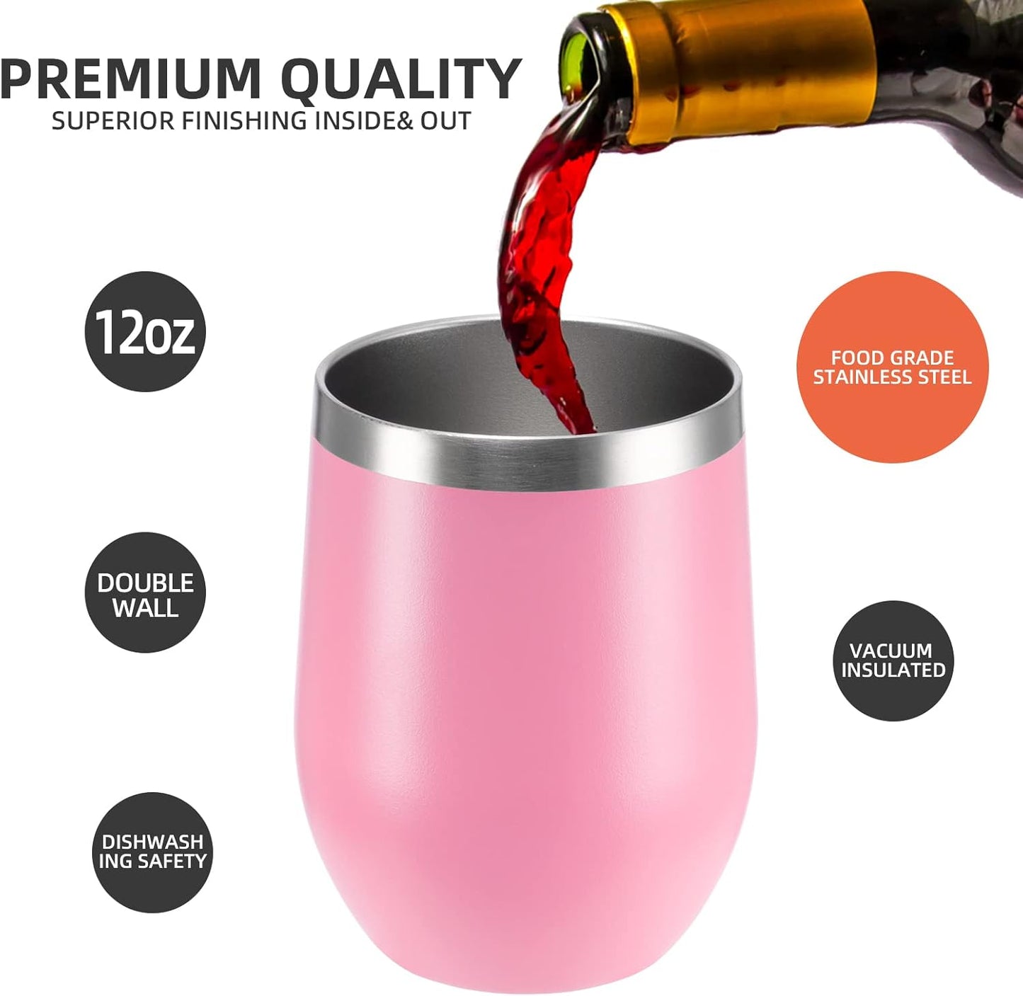 12 oz Insulated Wine Tumbler with Lid and Straw,Stainless Steel Stemless Wine Tumbler Glasses Double Wall Vacuum Wine Cups Tumbler for Coffee,Champaign,Cocktail,Office（Silver,1）