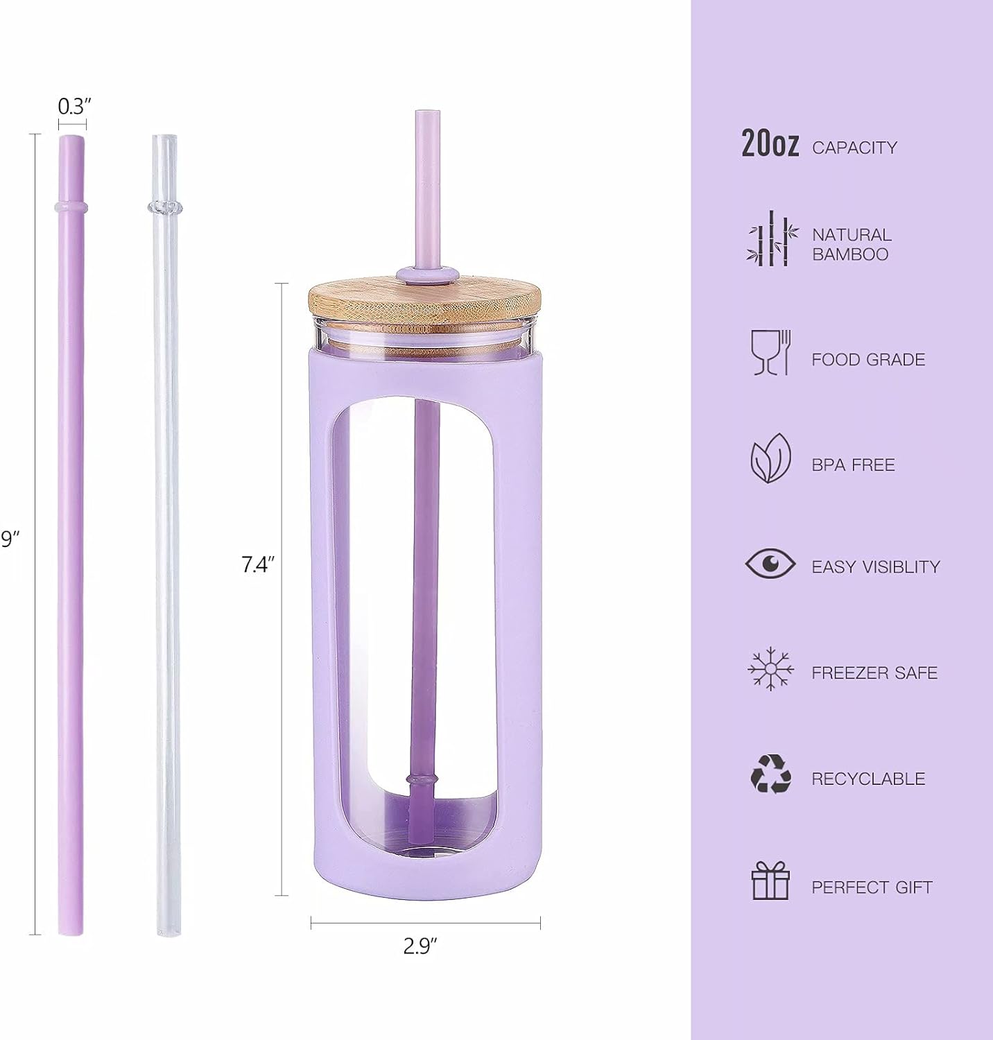 Kodrine 20oz Glass Water Tumbler with Straw and Lid, Bamboo Lids Water Bottle, Iced Coffee Cup Reusable, Wide Mouth Smoothie Cups with Protective Silicone Sleeve BPA FREE-Black - Colors B