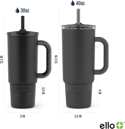 Ello Port 40oz Tumbler with Carry Loop & Integrated Handle, Vacuum Insulated Stainless Steel Reusable Water Bottle, Travel Mug with Leak Proof Lid & Straw, Perfect for Iced Coffee & Tea, White