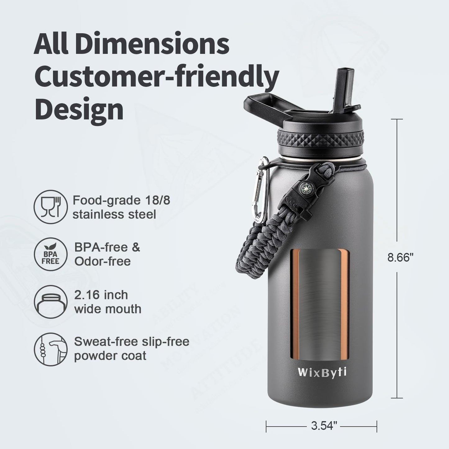 WixByti 40 oz Insulated Water Bottle with Straw (Cold for 36 Hrs), Stainless Steel Triple Wall Vacuum Sports Water Jug, Leakproof Hydro Cup Flask with Paracord Handle & Straw Spout Lids & DIY Stickers