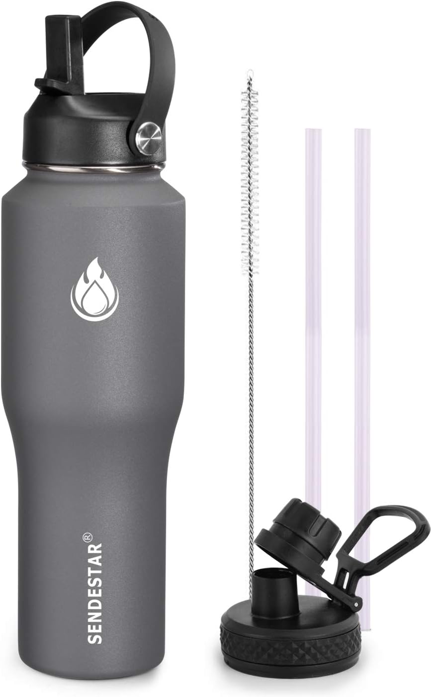 SENDESTAR 40oz Water Bottle Wide Mouth Stainless Steel Vacuum Insulated Double Wall with Straw Lids Fit in Any Car Cup Holder
