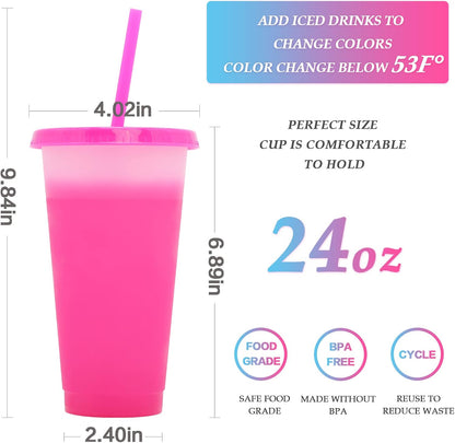 FIEKEICC Color Changing Cups with Lids and Straws,7Pcs 24oz Color Changing Tumblers,Reusable plastic tumblers with lids and straw Party Funny Tumbler Ice Cold Drinking Cup for Kids & Adults