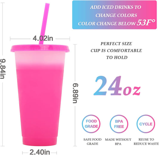 FIEKEICC Color Changing Cups with Lids and Straws,7Pcs 24oz Color Changing Tumblers,Reusable plastic tumblers with lids and straw Party Funny Tumbler Ice Cold Drinking Cup for Kids & Adults