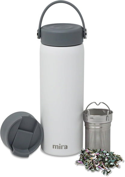 MIRA 18 oz Tea Infuser Thermo - Stainless Steel Travel Bottle with Removable Strainer for Loose Leaf Tea - Insulated Hot & Cold Brew Steeper - White