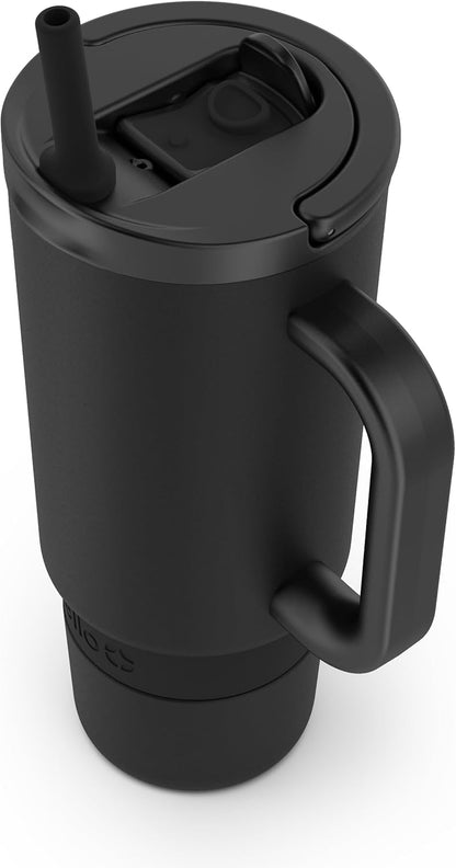 Ello Port 40oz Tumbler with Carry Loop & Integrated Handle, Vacuum Insulated Stainless Steel Reusable Water Bottle, Travel Mug with Leak Proof Lid & Straw, Perfect for Iced Coffee & Tea, White