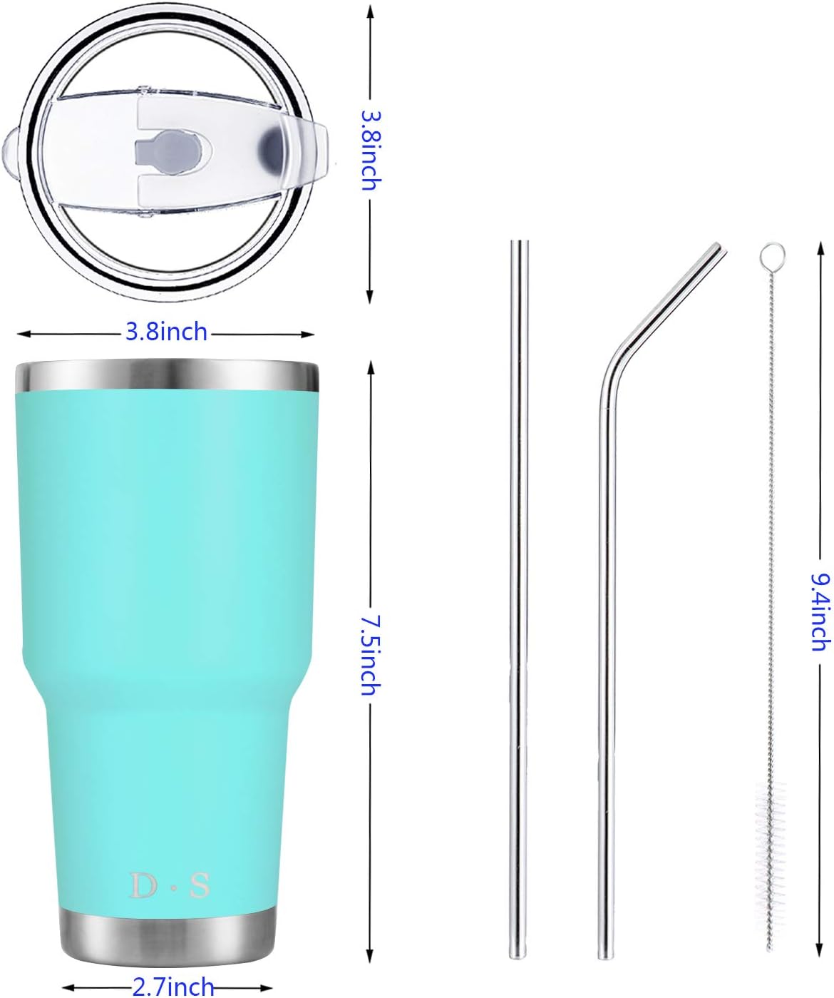 D·S 30oz Blue Tumbler Stainless Steel Double Wall Vacuum Insulated Mug with Straw and Lid, Cleaning Brush for Cold and Hot Beverages