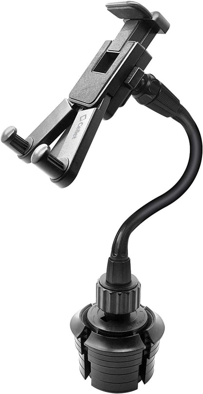 Cellet Cup Holder Tray for Car with Phone Mount – Expandable Base, 360° Rotation Food & Drink Tray with Non-Slip Surface, Adjustable Arm for Eating in Vehicle – Fits Most Standard Car Cup Holders