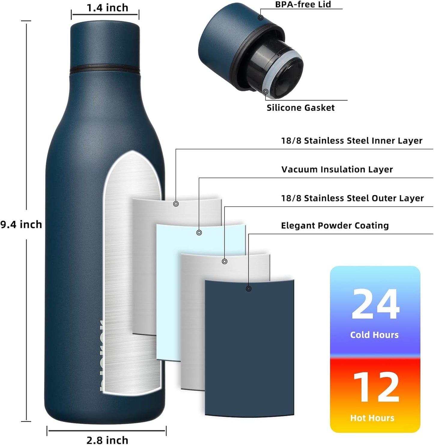 BJPKPK Insulated Water Bottles, 18 oz Stainless Steel Metal Water Bottle with Strap, BPA Free Leak Proof Jugs, Mugs, Flasks, Reusable Thermal Flasks for Sports & Travel, Black - Colors A