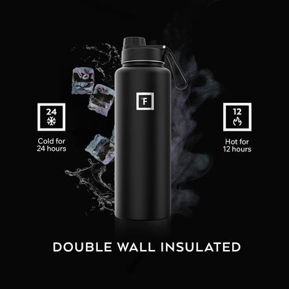 IRON °FLASK Camping & Hiking Hydration Flask with Straw, Wide Mouth Insulated Stainless Steel Sports Water Bottle - 40 oz Midnight Black