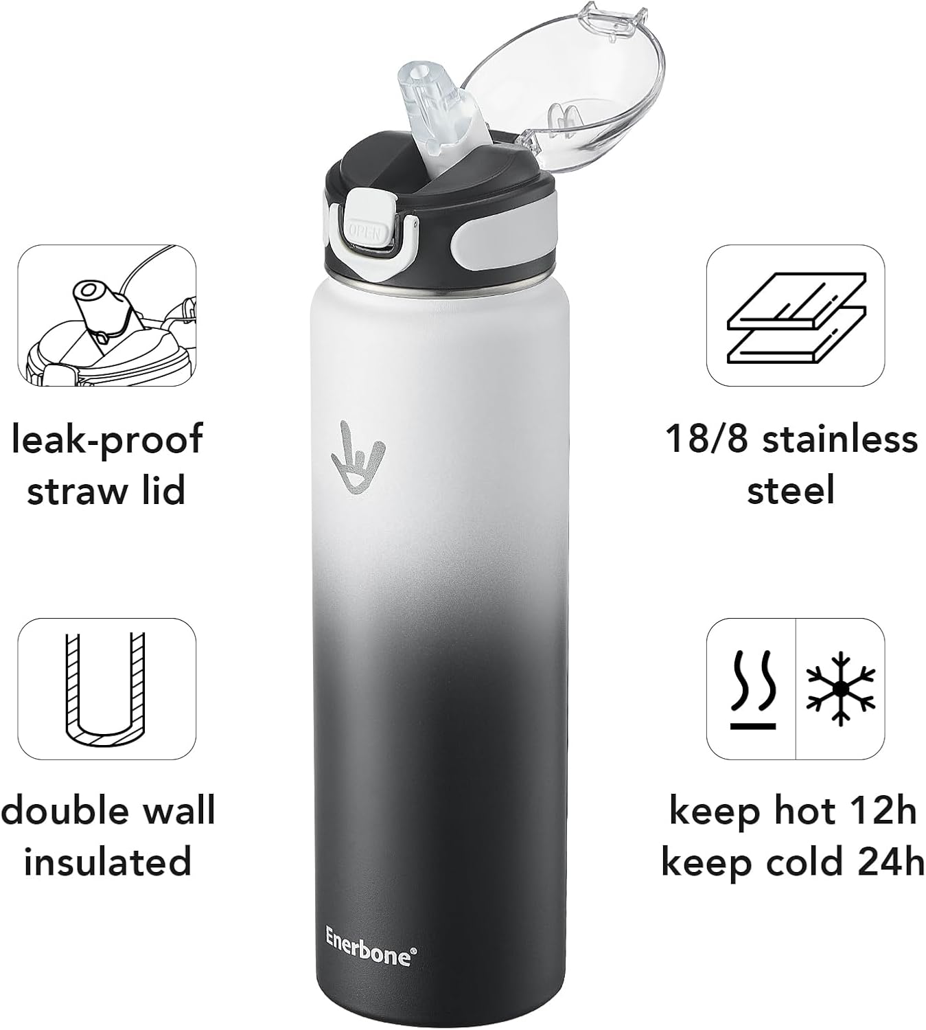 Enerbone 24 oz Insulated Water Bottle, Stainless Steel Bottle with Carrying Strap, Double-Wall Vacuum Insulation Design, Leakproof Sports Bottle with Straw, Keep Drinks Cold or Hot for Hours